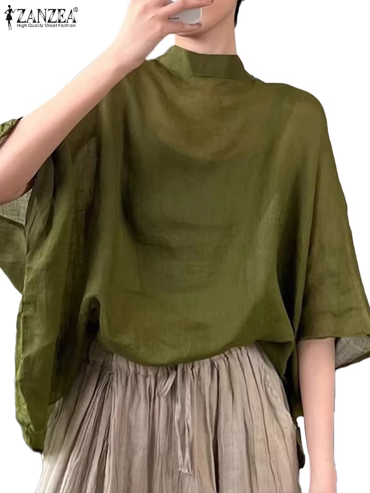 ZANZEA femmes 3/4 manches chauve-souris Blouse surdimensionné asymétrique hauts 2024 été col montant tunique