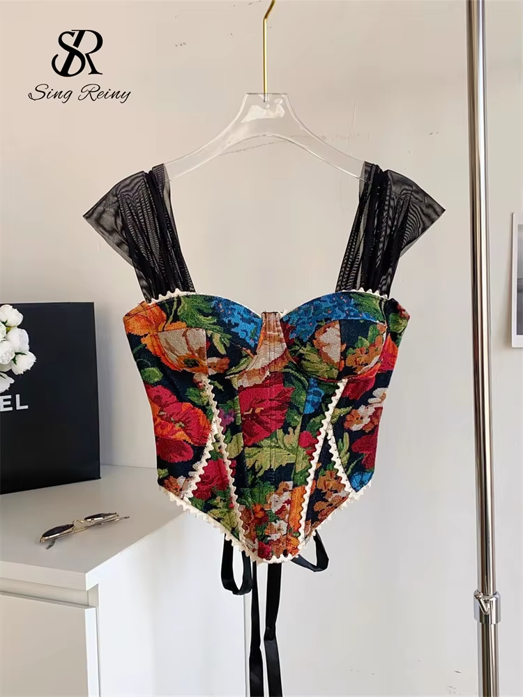 SINGREINY américain rétro imprimé soirée Camisole femme sangle dentelle épissé haut mince 2025 Streetwear Floral Vintage plage débardeur