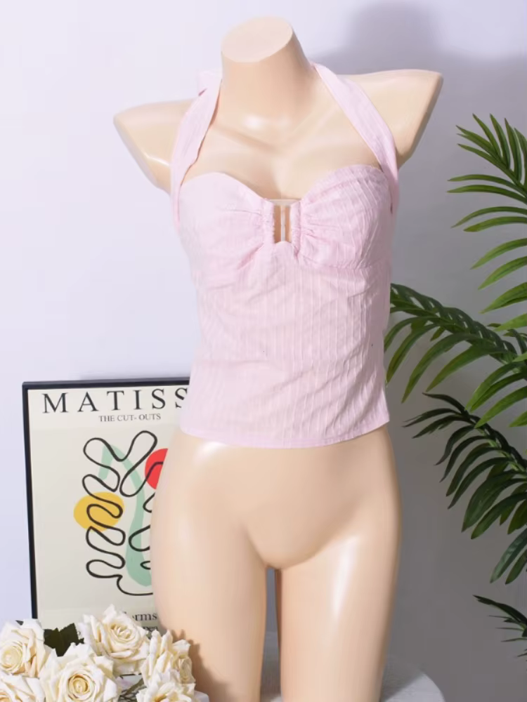 Chic rose plissé hauts sans manche mode à lacets épaules dénudées coupe ajustée licou gilet nouveau femmes été vacances haut de fête 2025