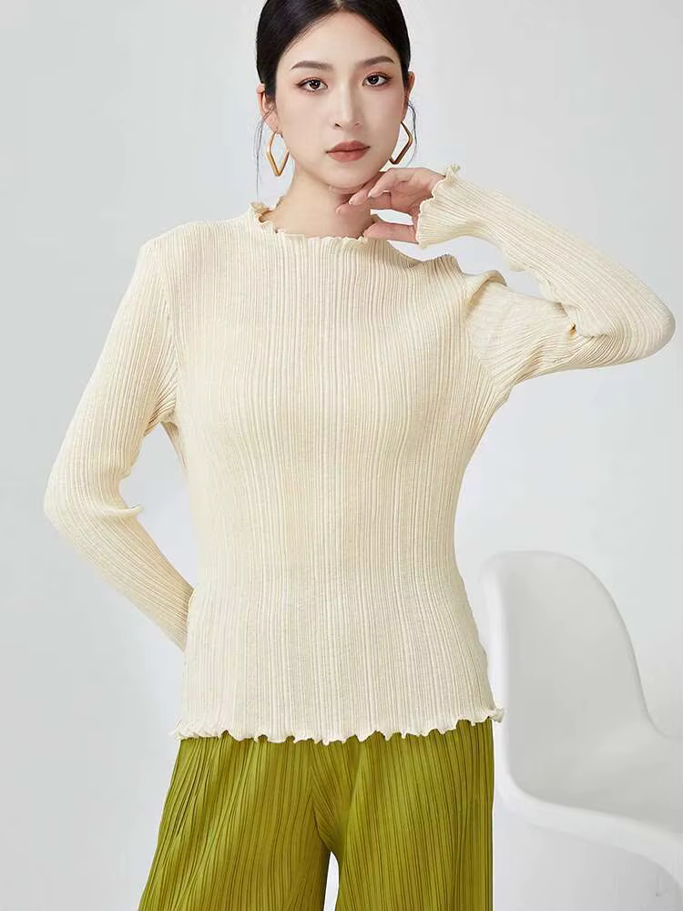 LANMREM T-shirt plissé pour femmes col à volants manches longues couleur unie Style mince femme haut 2025 printemps nouveau 2DB1078