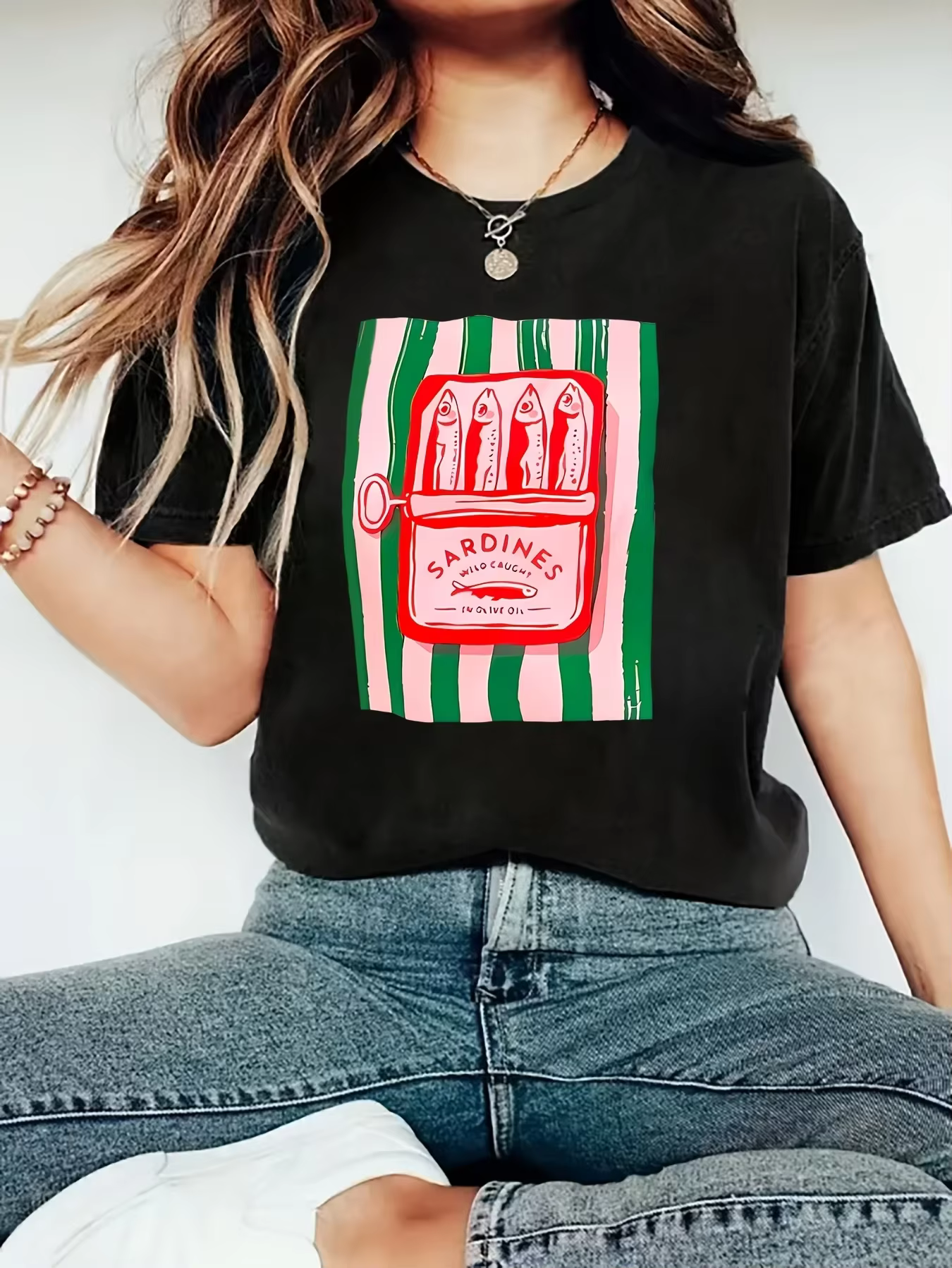 Sardines peuvent motif imprimé femmes T-shirts décontractés décontracté polyvalent