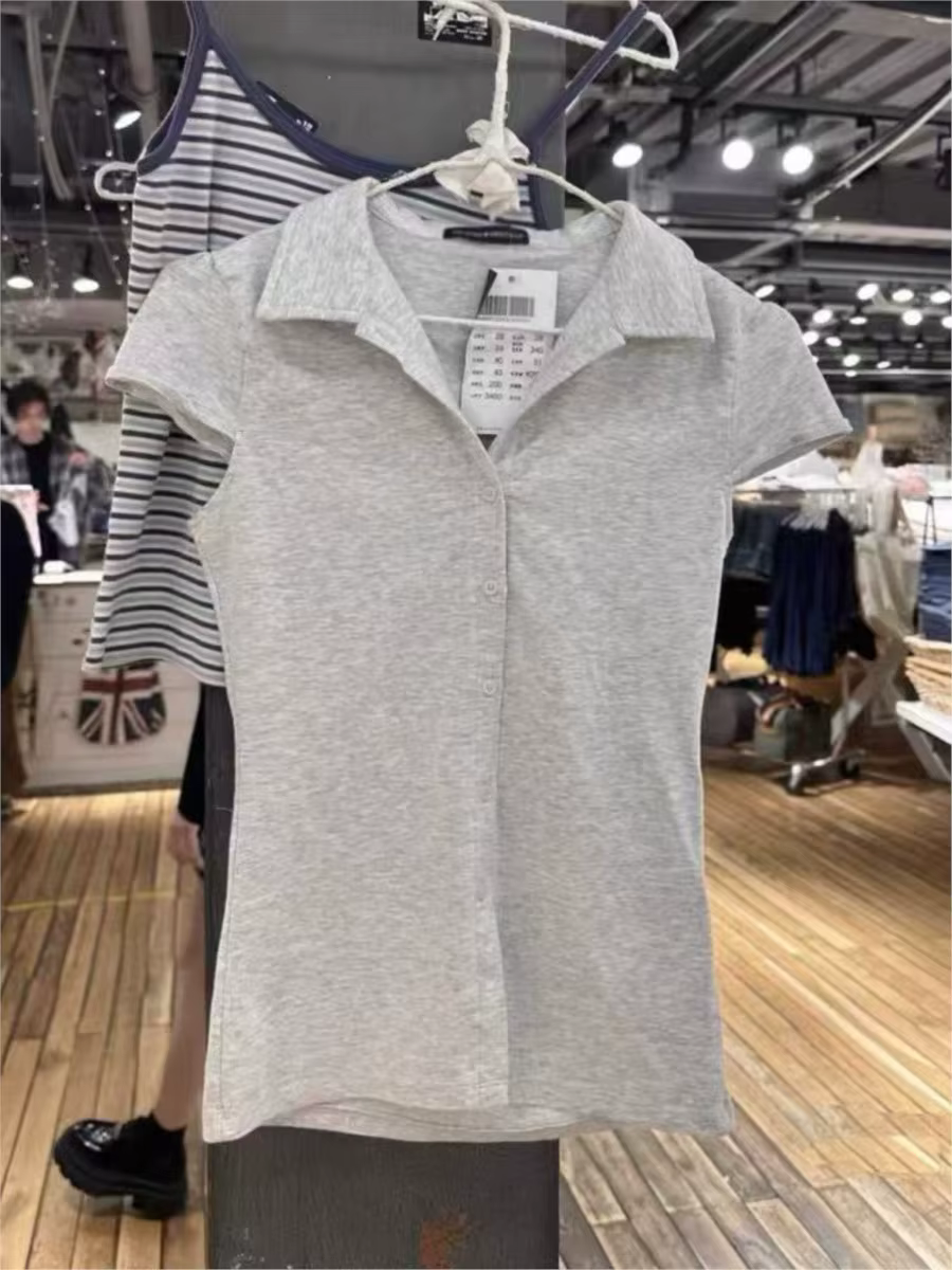 Boutons blancs T-shirts à manches courtes femmes été coton doux col rabattu Style Preppy hauts Blouse