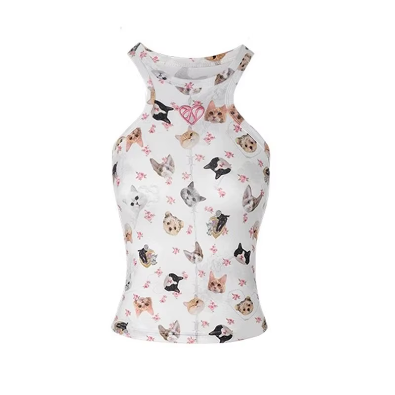 Ganayooa-Crop rétro imprimé chat vintage pour femmes