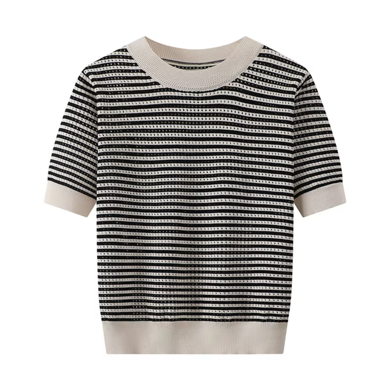 T-shirt Pour Femmes Tricoté Évider Mince Rayé