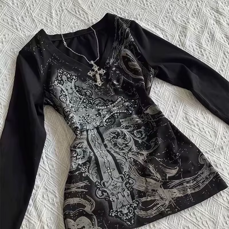 Femmes Hip hop 90s Vintage Punk T-Shirt automne Streetwear Sexy à manches courtes gothique mince haut court Hotgirl