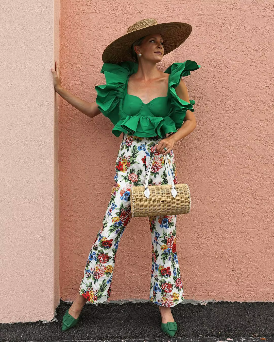 Chemisier Vert à Volants en Satin pour Femme, Haut Court Chic, sur Mesure, Été