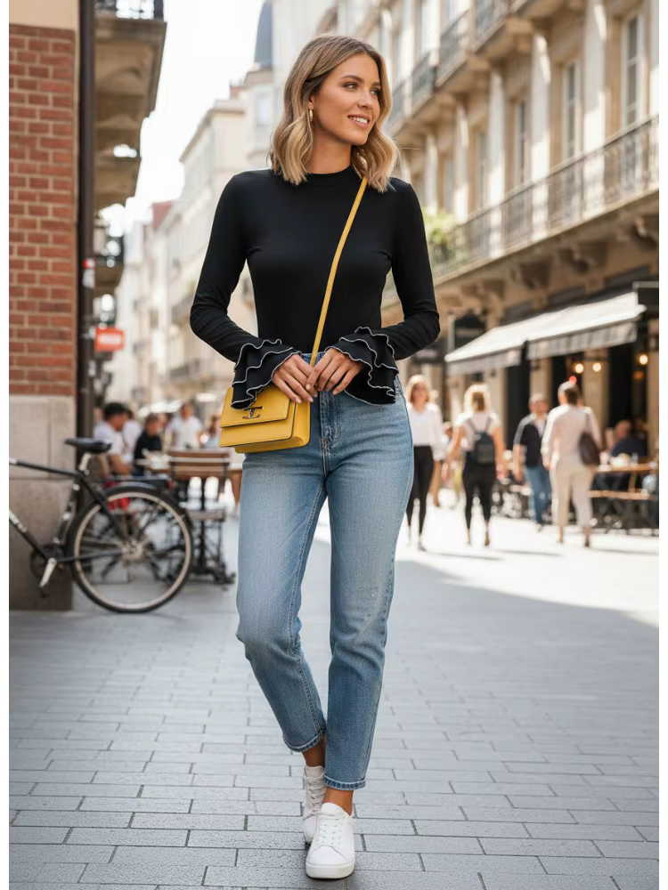 Bonboho T-shirt moulant noir uni pour femmes col rond manches longues à volants chemises élégantes 2025 chemisier de mode d'automne
