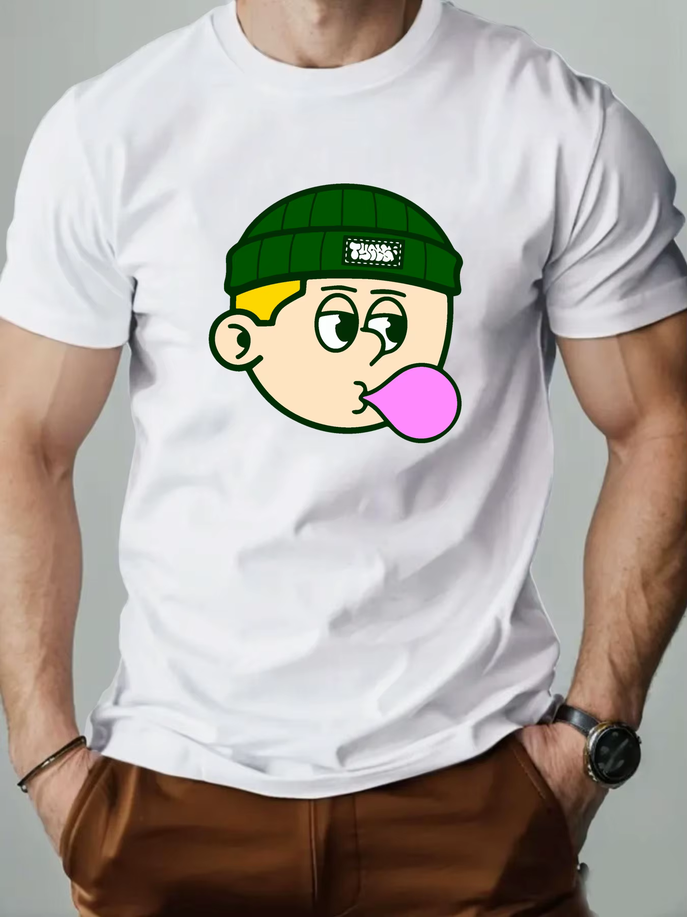 T-shirts en coton pour hommes bulles de soufflage dessin animé imprimé T-Shirt col rond respirant Streetwear mode haute