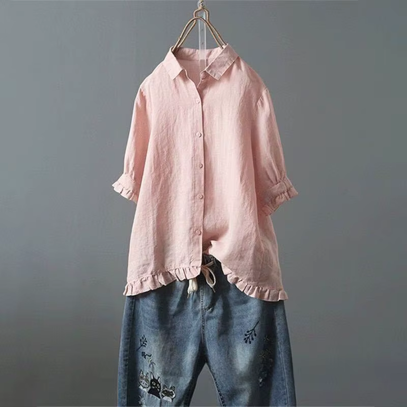 Chemise en coton et lin à manches courtes pour femme