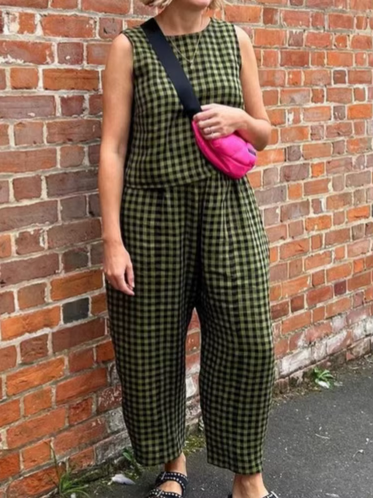 Mode femmes pantalons ensemble imprimé Plaid sans manches 2025 printemps été décontracté gilet neuf points pantalon
