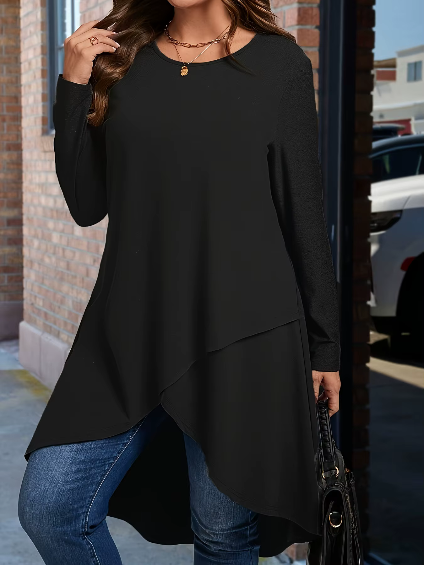 Grande taille femmes élégant ourlet asymétrique à manches longues T-Shirt col rond haut décontracté couleur unie toutes saisons vêtements pull