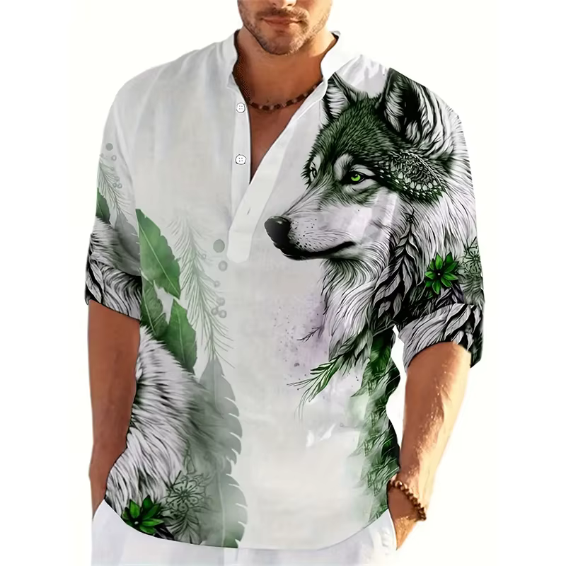 Animal loup 3D imprimé Henley chemises hommes mode Streetwear surdimensionné col montant à manches longues chemise hauts chemisier homme vêtements