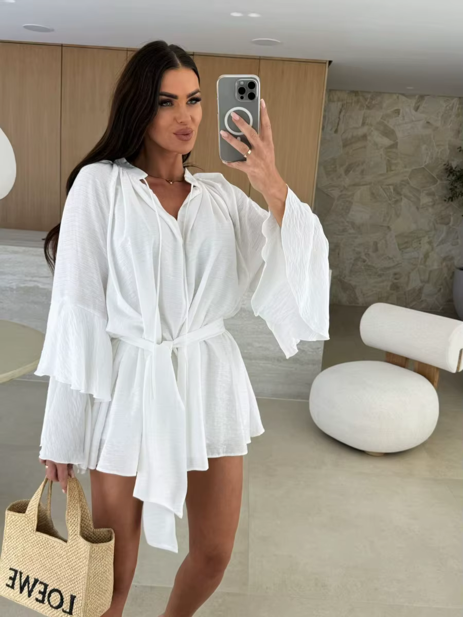 Nouvelle Collection 2026 : Robe Mini Ample et Élégante pour Femme, Col en V Profond, Manches Longues, Couleur Unie, Effet Plissé