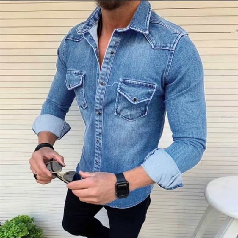 Version coréenne coupe ajustée décontracté mélange de coton à manches longues lavé vieille chemise en jean 2025 nouvelle chemise en jean pour hommes veste à la mode