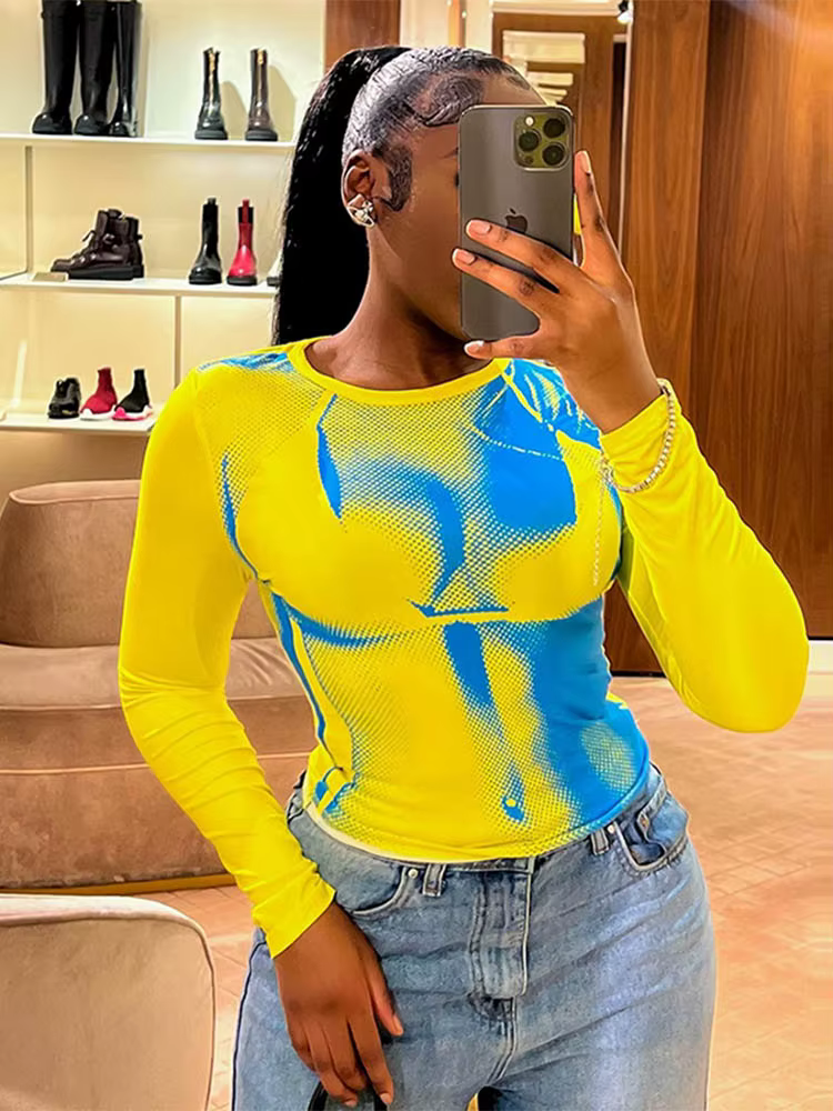 Body imprimé culture t-shirts femmes automne printemps Y2K mode coréenne à manches longues col rond haut maigre t-shirt Streetwear
