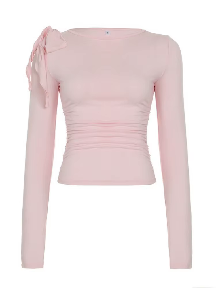 Noeud papillon t-shirts pour femmes Streetwear à manches longues haut court Y2k vêtements couleur unie t-shirt Sexy Ropa De Mujer coupe ajustée Camisetas