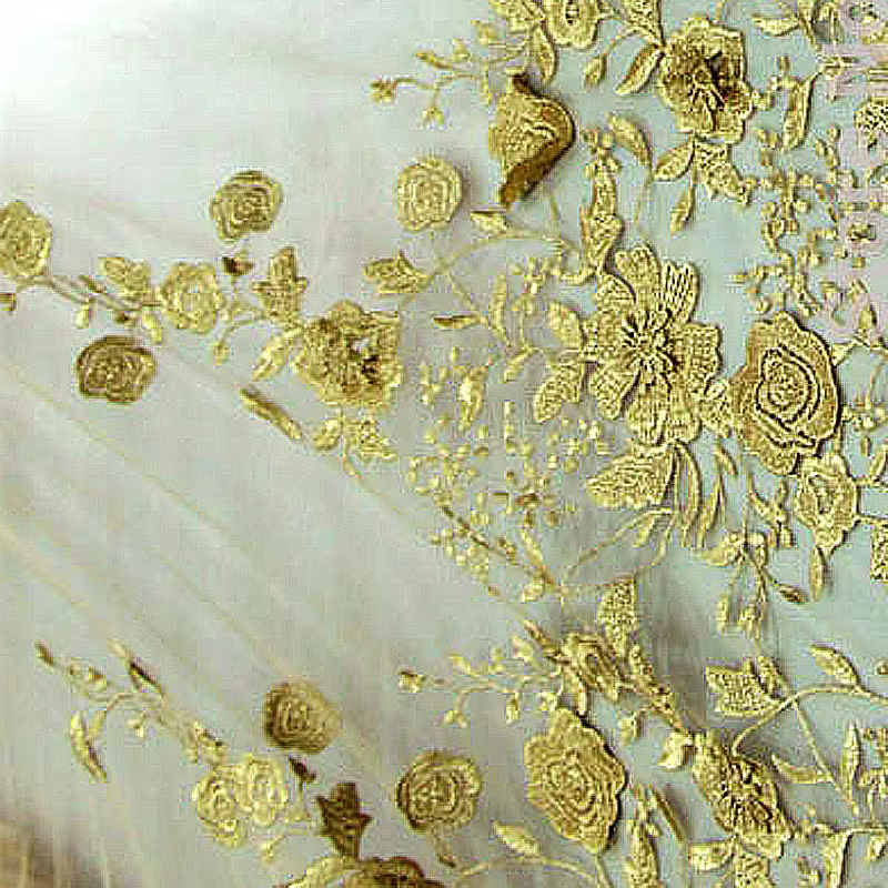 Robe de mariée dentelle 3D Flash garniture or 2 couches Tulle Voile fleurs broderie Textile tissus lacets électroniques tissu pour la couture