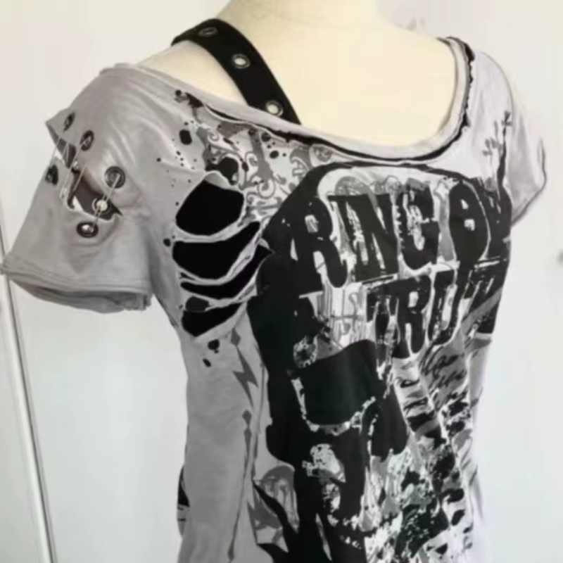 T-shirts Gothiques à Manches Courtes, Motifs Têtes de Mort, Style Décontracté Punk Hip Hop Urbain, T-shirt Femme Tendance, T-shirts Graphiques, Vêtements Vintage Années 2000, Hauts pour Femmes
