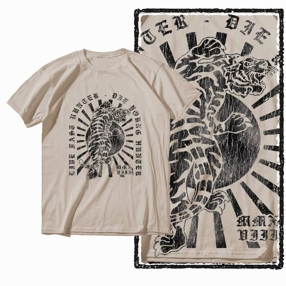 T-shirt pour homme en coton vintage beige imprimé tigre G41