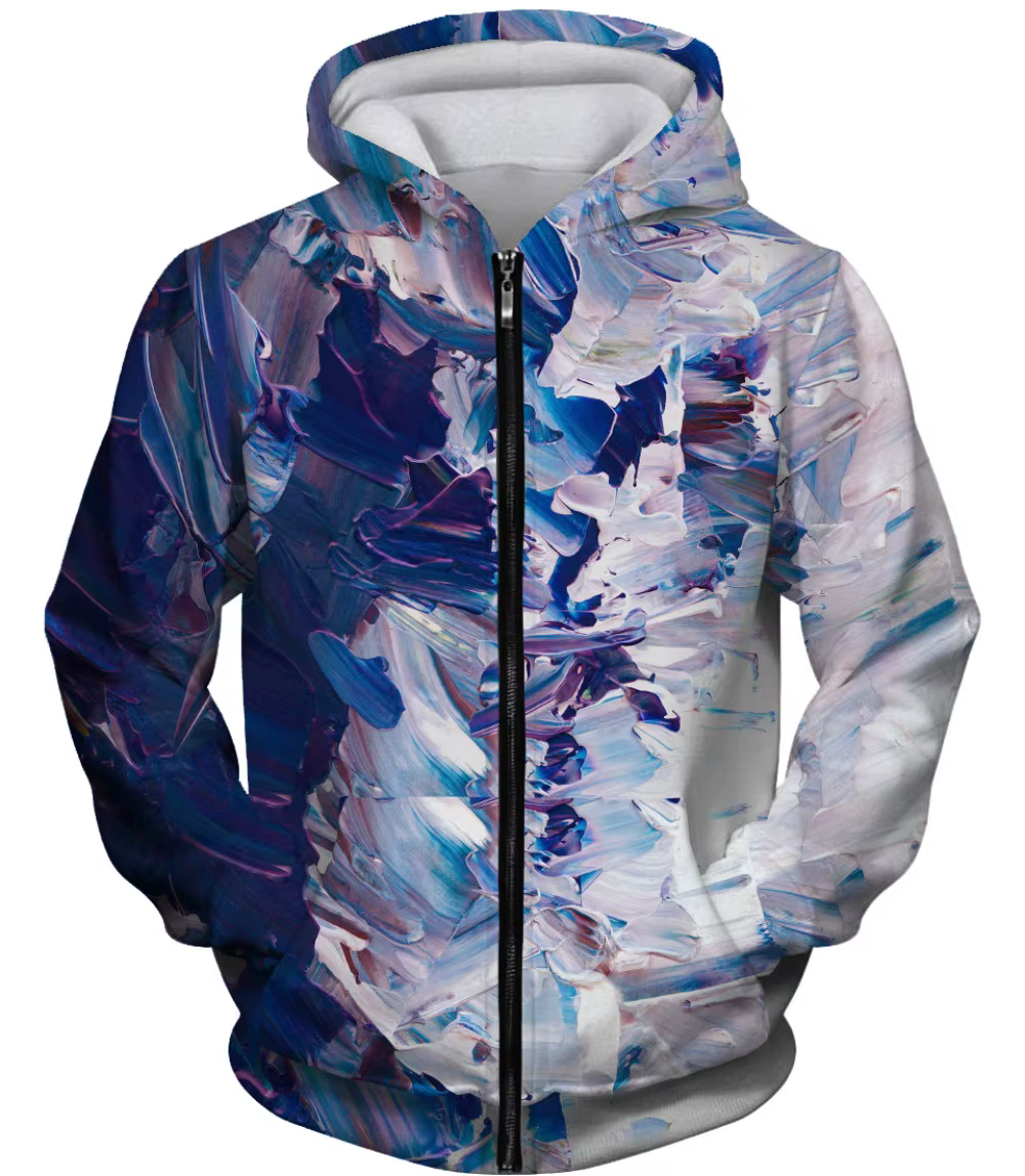 Sweat à capuche zippé d'art abstrait bleu violet vert motif aquarelle imprimé sweat-shirt streetwear décontracté