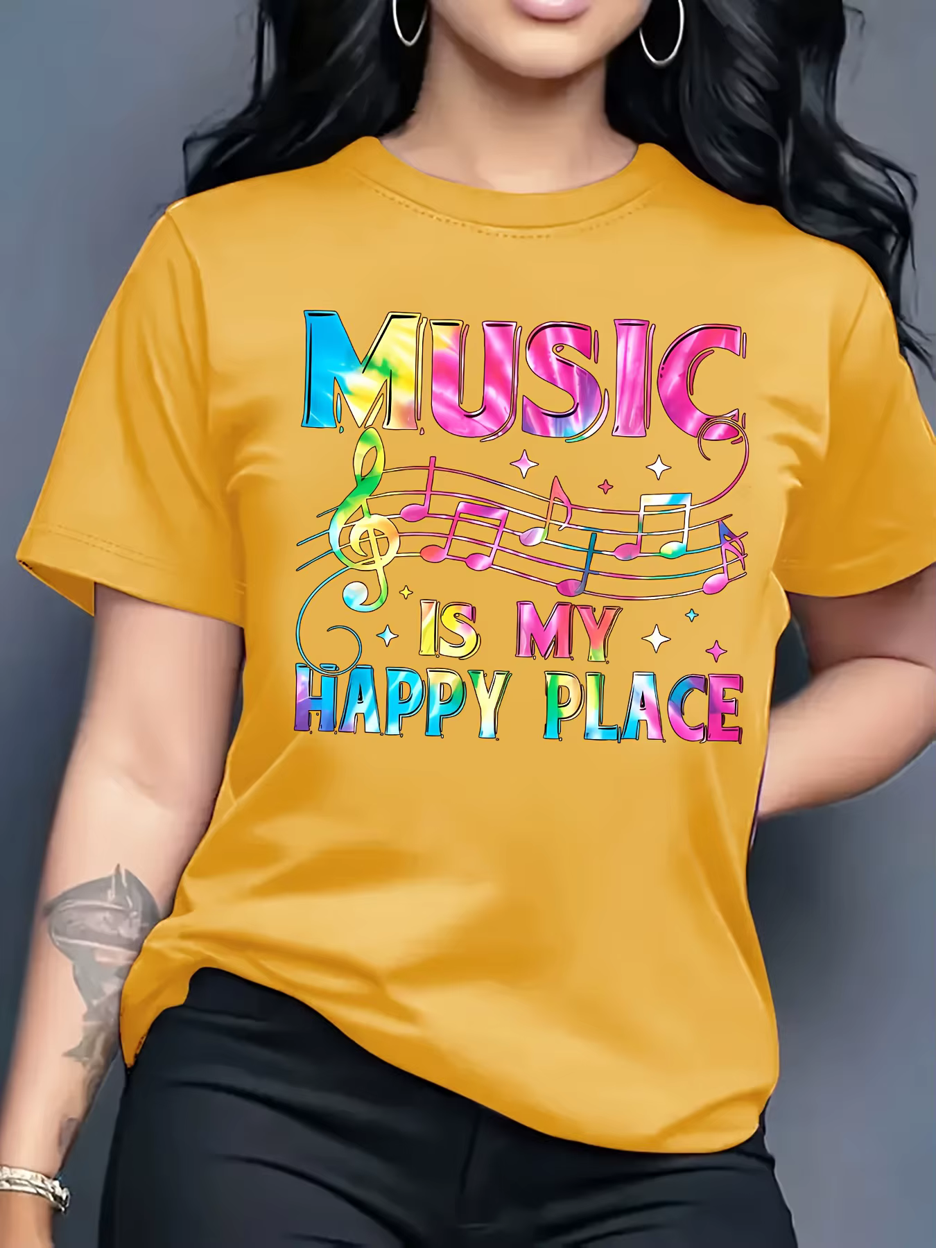 T-shirt pour femme Music Is My Happy Place - Motif musical coloré