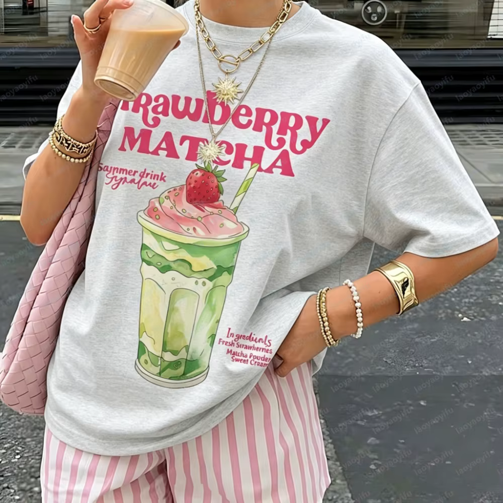 T-shirt imprimé thé Matcha fraise à manches courtes et col rond