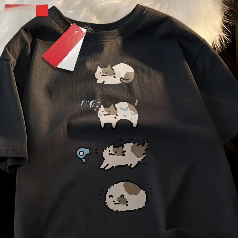 Bain chat mignon dessin animé T-shirt à manches courtes pour les femmes décontracté ample été respirant sèche-cheveux