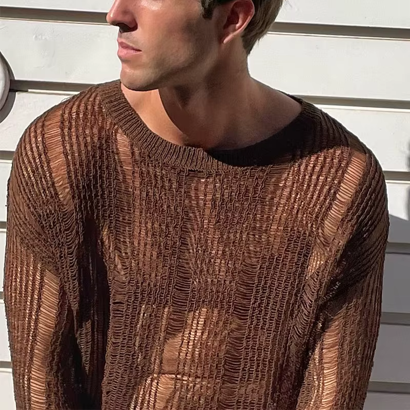 Hommes t-shirts nouvelle mode tissé couleur unie haut en maille tricot chemise mince à manches longues Sexy T-shirt