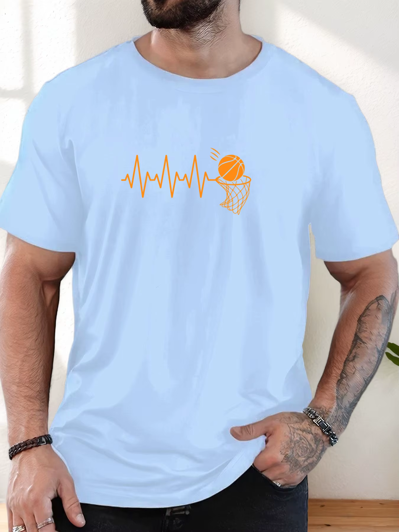 T-Shirt homme 2025 nouveauté sport basket-ball graphique battement de coeur ligne & cerceau imprimé Orange haut élégant quotidien décontracté