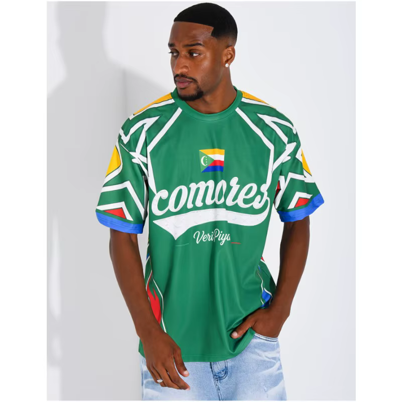 Maillot de football culturel des Comores pour homme, col ras du cou, motif drapeau des Comores et lettres Comores, respirant, en maille, manches courtes, pour fan, assorti pour la famille