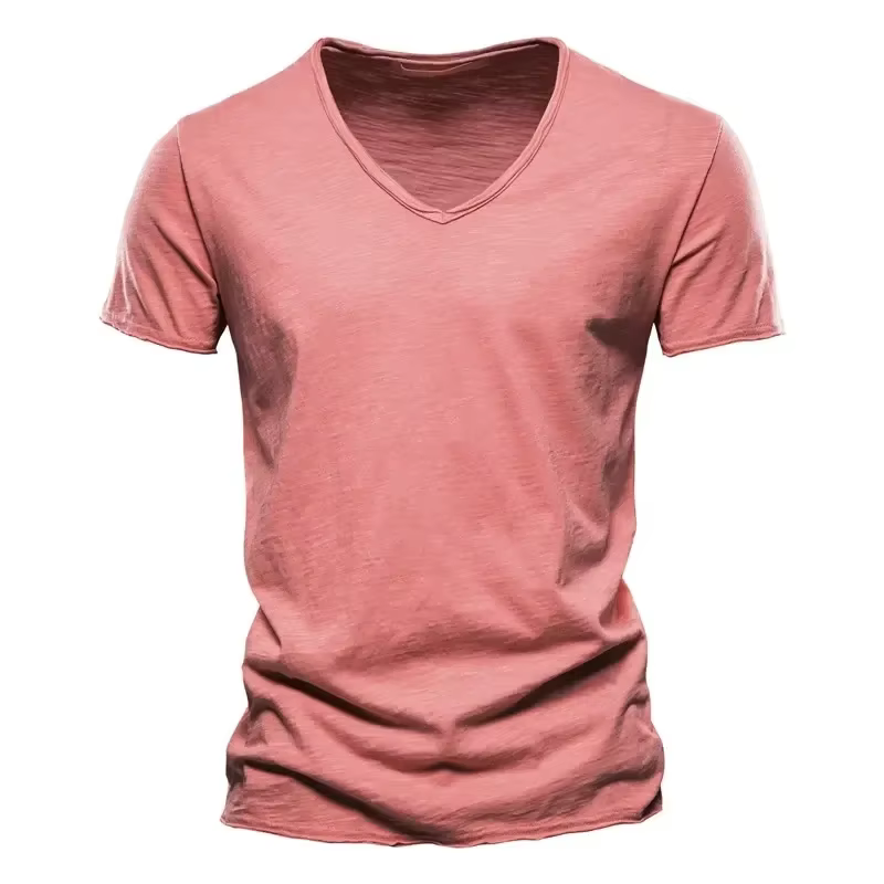 Nouveau 100% coton hommes T-shirt hauts col en V mince à manches courtes t-shirts de haute qualité