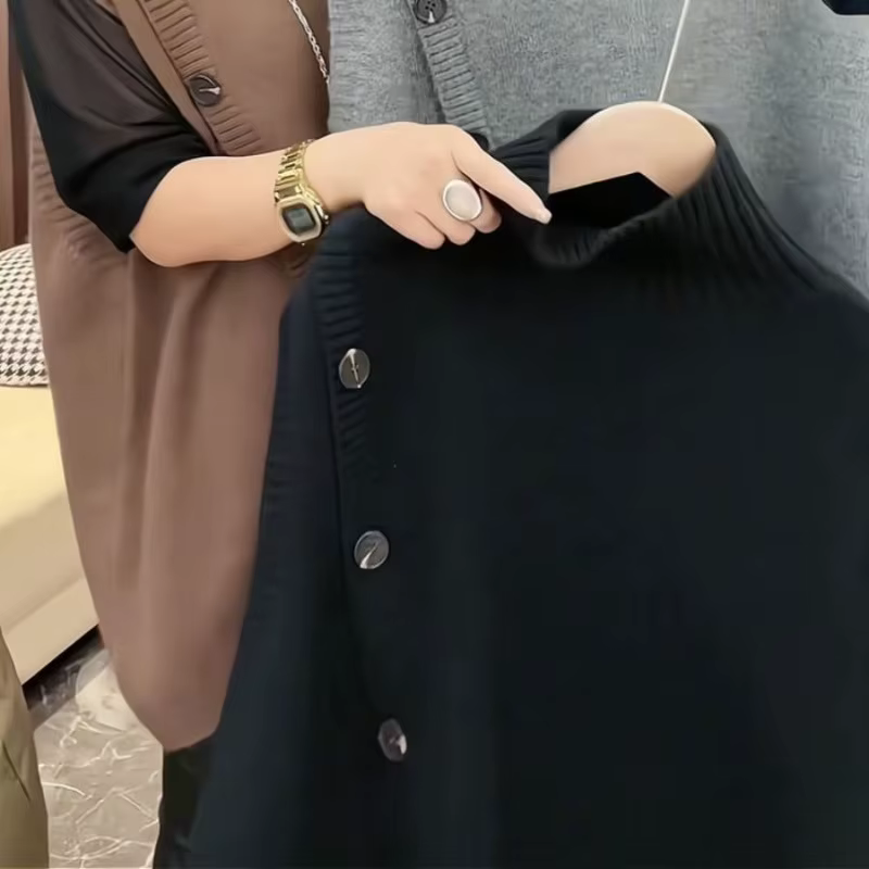 Femmes sans manches longs pull gilets Vintage irrégulière épissé bouton tricots vêtements d'extérieur pulls élégant col