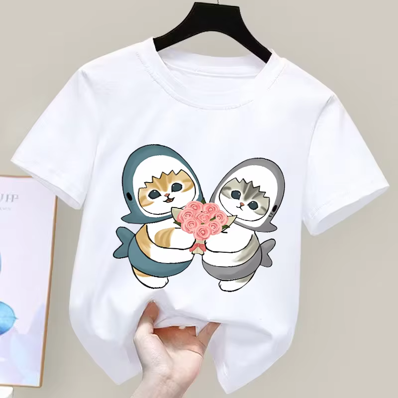Mofusand T-Shirt Kawaii dessin animé imprimé vêtements Sport décontracté hauts basiques garçons filles coton absorbant blanc manches courtes enfants cadeau