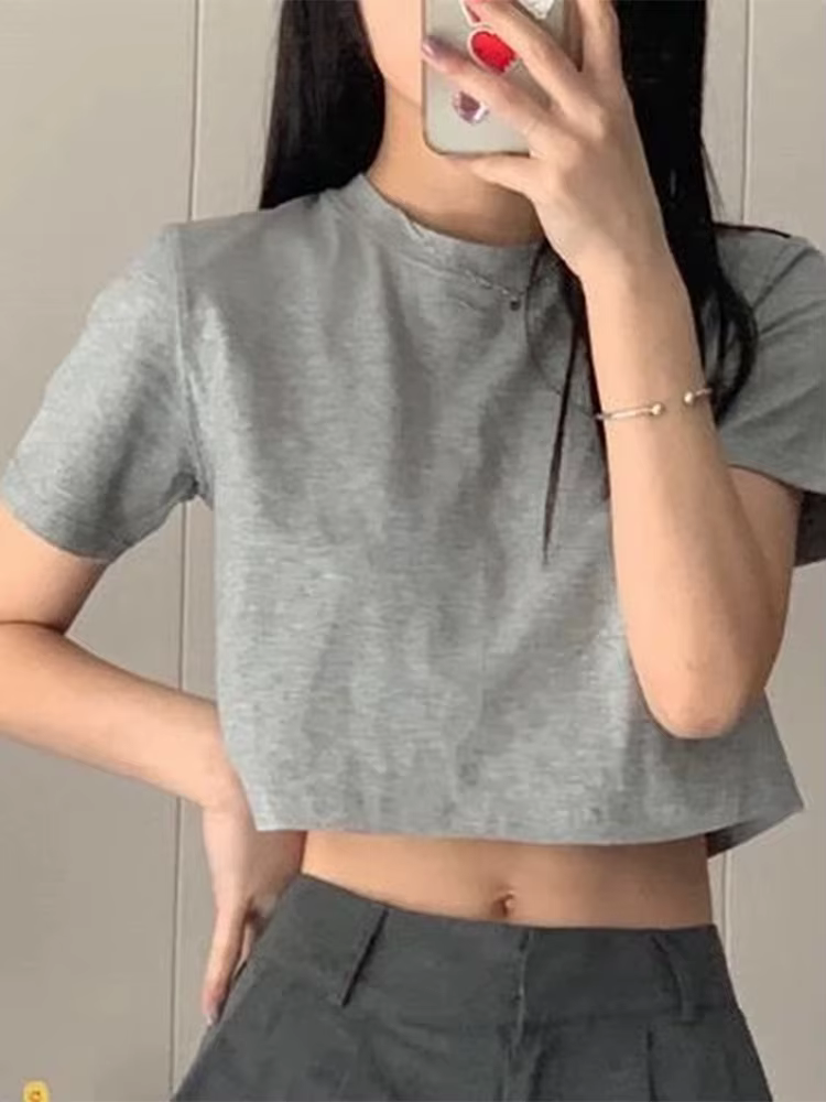 T-shirt femmes recadrée solide Sexy minimaliste offre spéciale mince décontracté mode Preppy Chic Tops basiques Style coréen Streetwear populaire