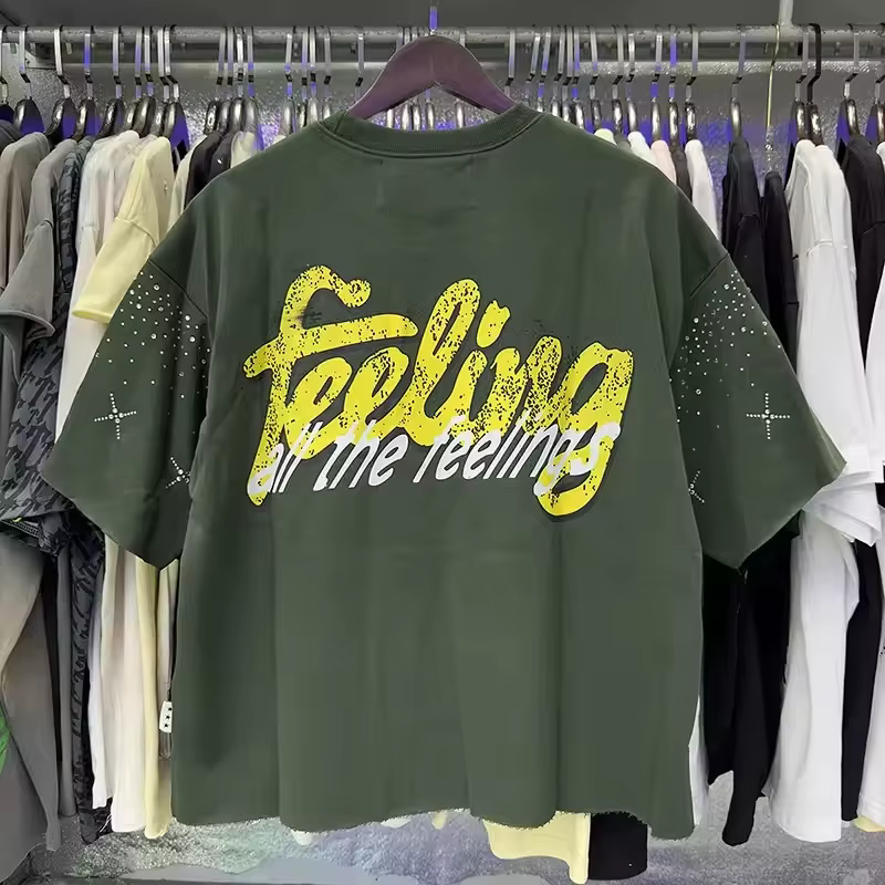 T-shirt court unisexe en molleton French Terry vert abricot avec imprimé graphique streetwear et strass