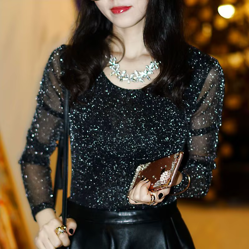 2025 strass vêtements noir paillettes T-shirt chaud col roulé femme