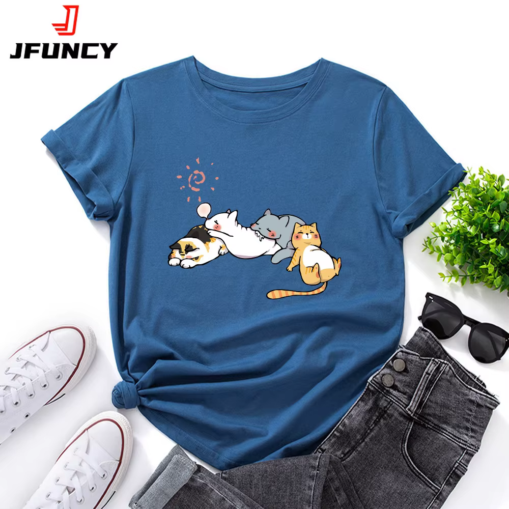 100% coton femmes T-shirt dormir chat imprimé graphique t-shirts amples chemise à manches courtes femme