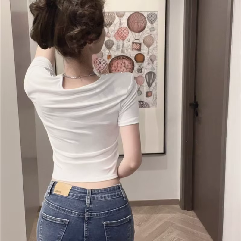 T-shirt à manches courtes et col carré pour femme