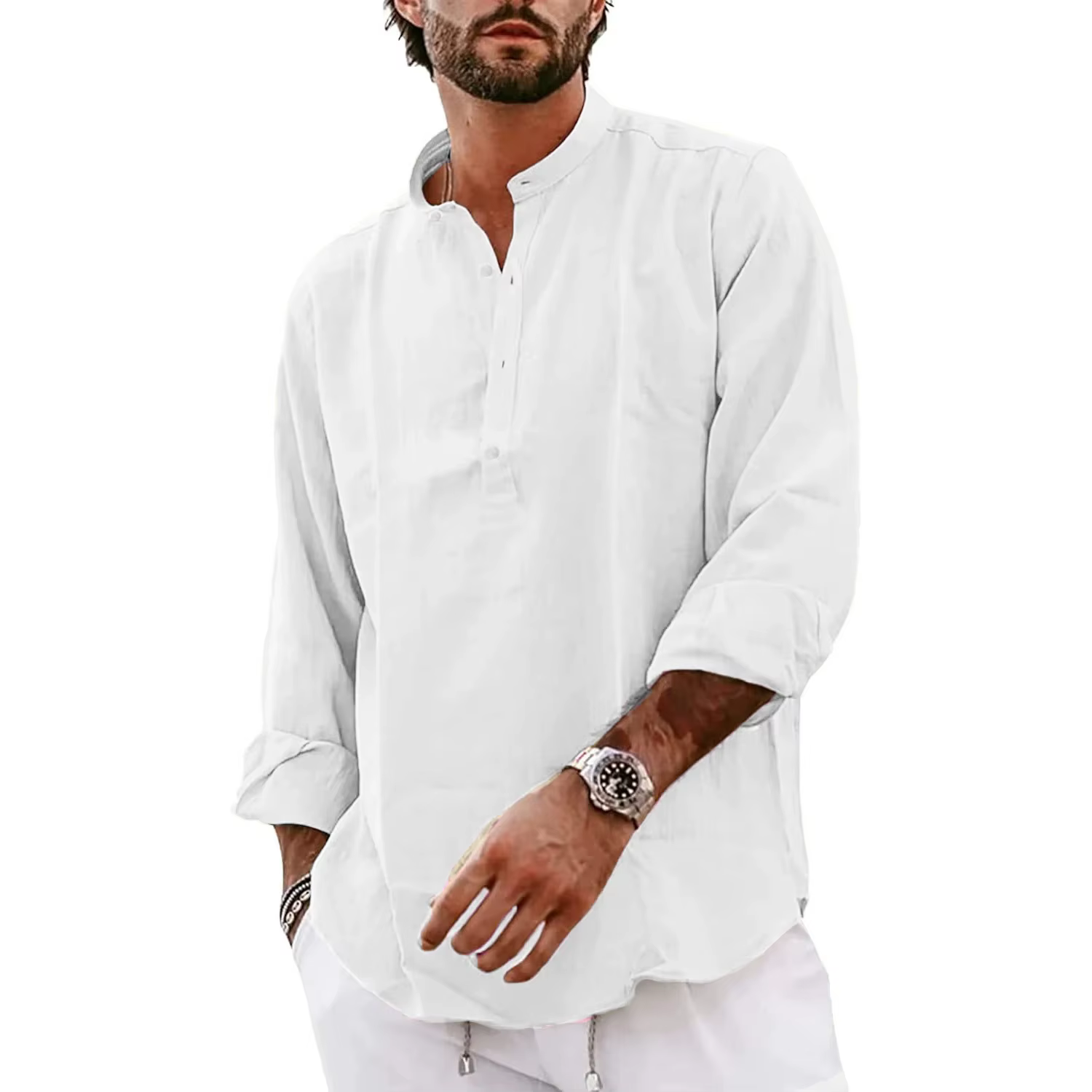 Nouveaux hommes à manches longues coton T-Shirts léger Streetwear Henley chemises en lin