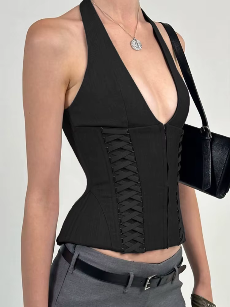 Centre commercial Goth Corset gilet femmes foncé Cyber Punk pansement licou dos nu culture débardeurs Emo Alternative