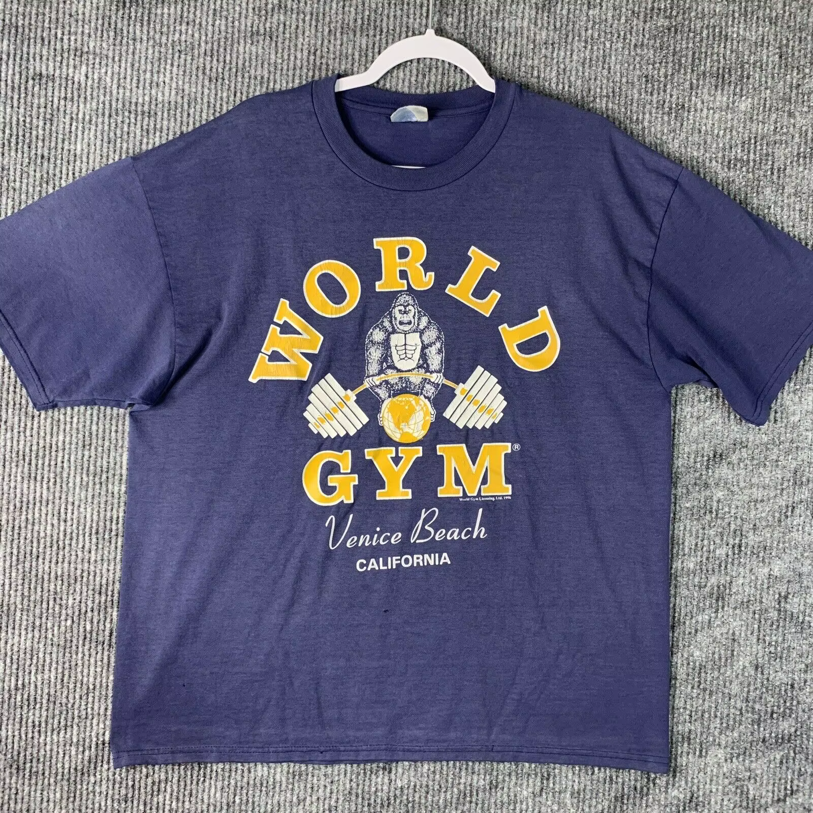Vintage 1996 monde Gym t-shirt hommes XL bleu Venise plage californie manches longues ou courtes