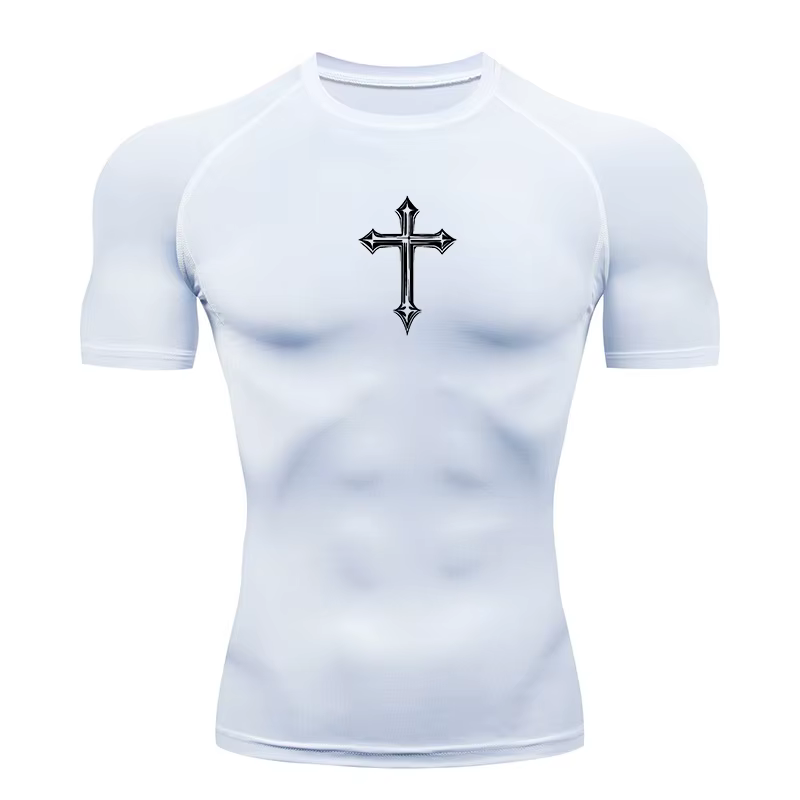 Chemise de compression à imprimé croisé pour hommes, t-shirt athlétique chrétien, hauts d'entraînement de gymnastique, couches de base de course, sous-vêtements, protection contre les éruptions cutané