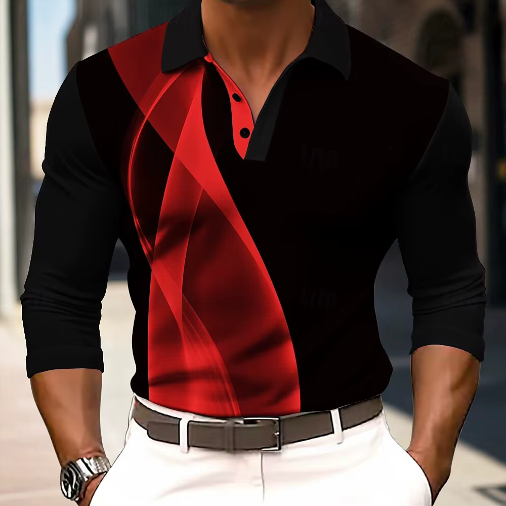 2025 mode hommes géométrie rayure à manches longues Polo respirant décontracté hauts coupe ajustée séchage rapide col classique Polo