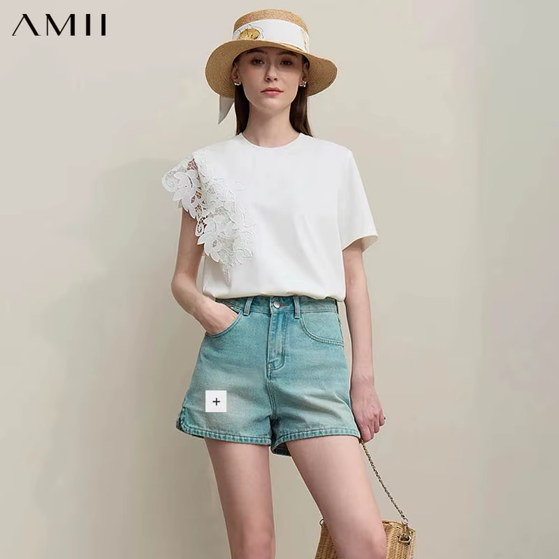 T-shirt Amii pour femme – Nouveauté été 2026 – Hauts à col rond en coton anti-humidité