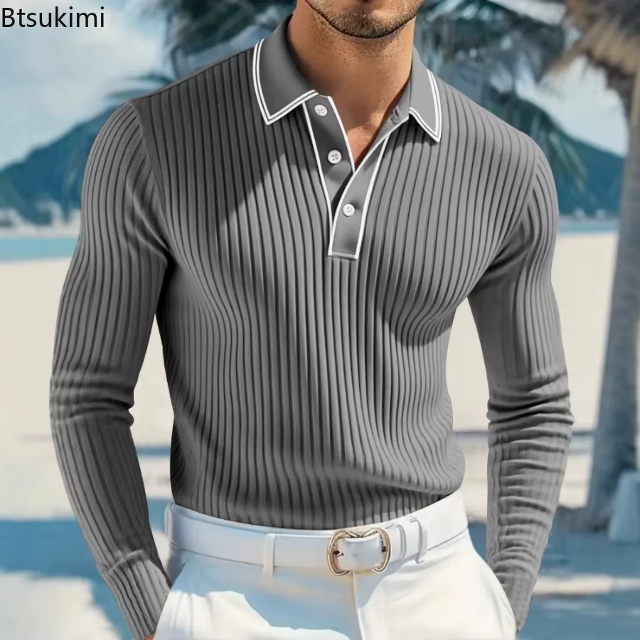 Nouveau Polo Tricoté à Manches Longues pour Homme