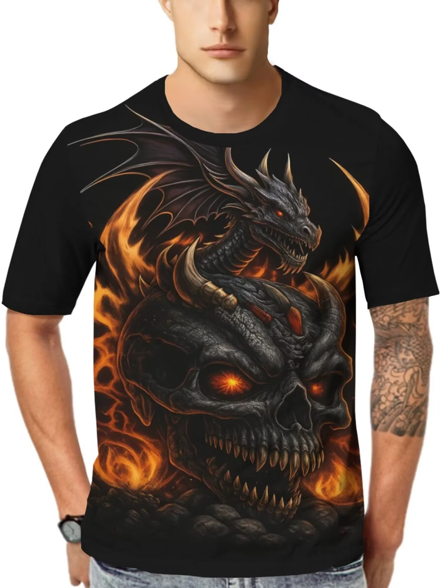 T-shirt tendance style urbain avec imprimé lune et loup hurlant, décontracté pour homme, streetwear d'été, col rond, manches courtes