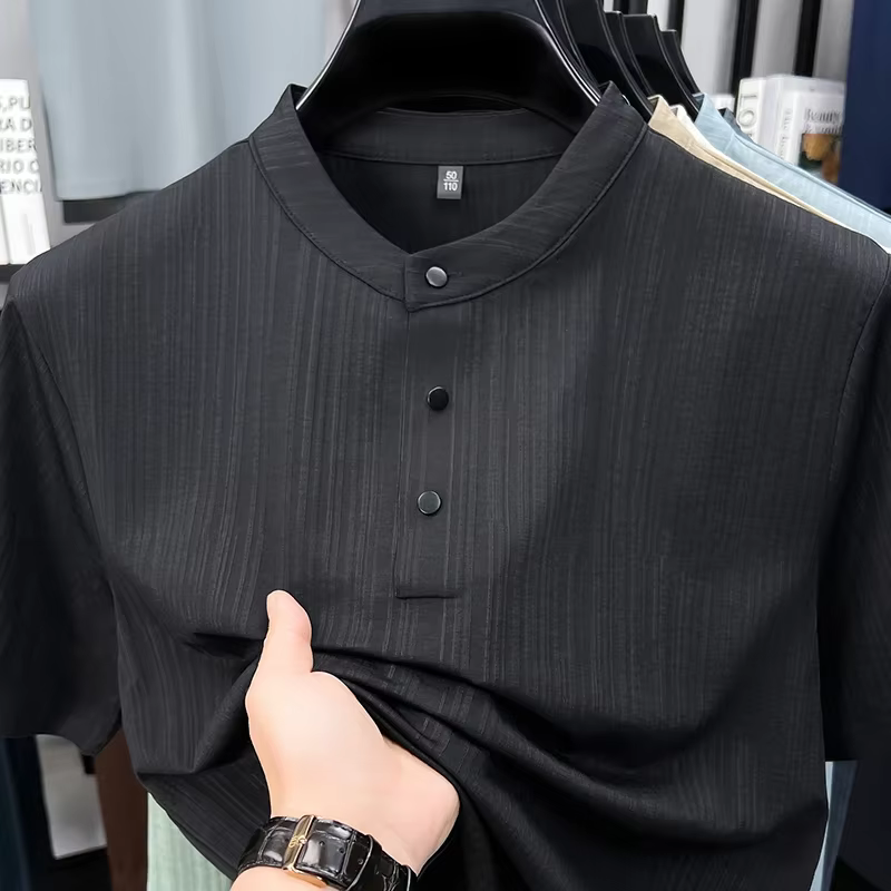 T-shirt Henley en lin texturé pour homme avec col mandarin