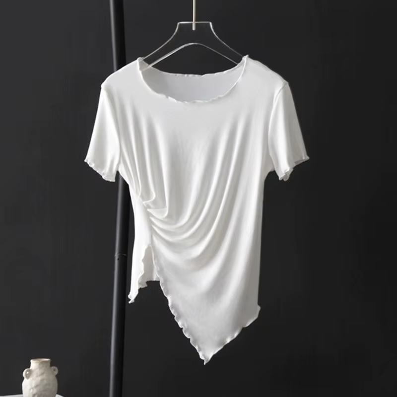 T-shirt asymétrique à col en V et plis irréguliers, style coréen, nouvelle collection été, coupe ample pour femme
