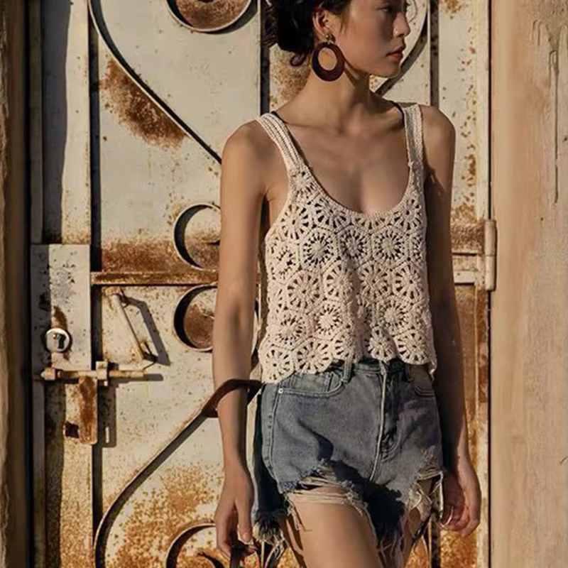 Femmes Crochet Récolte pour Débardeur Boho Creux Tricot Floral Camisole Sans Manches Cove