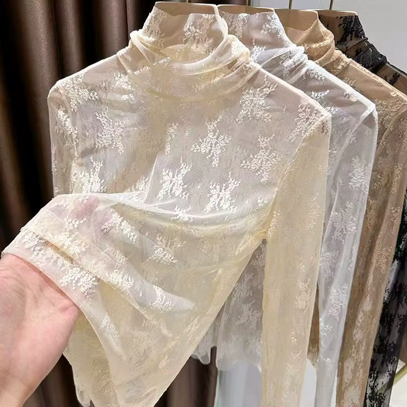 Femmes Sexy à manches longues dentelle Blouses col haut vêtements intérieurs